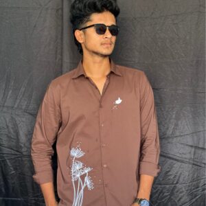 FLORAL EMBROIDERY BROWN DESIGNER SHIRT